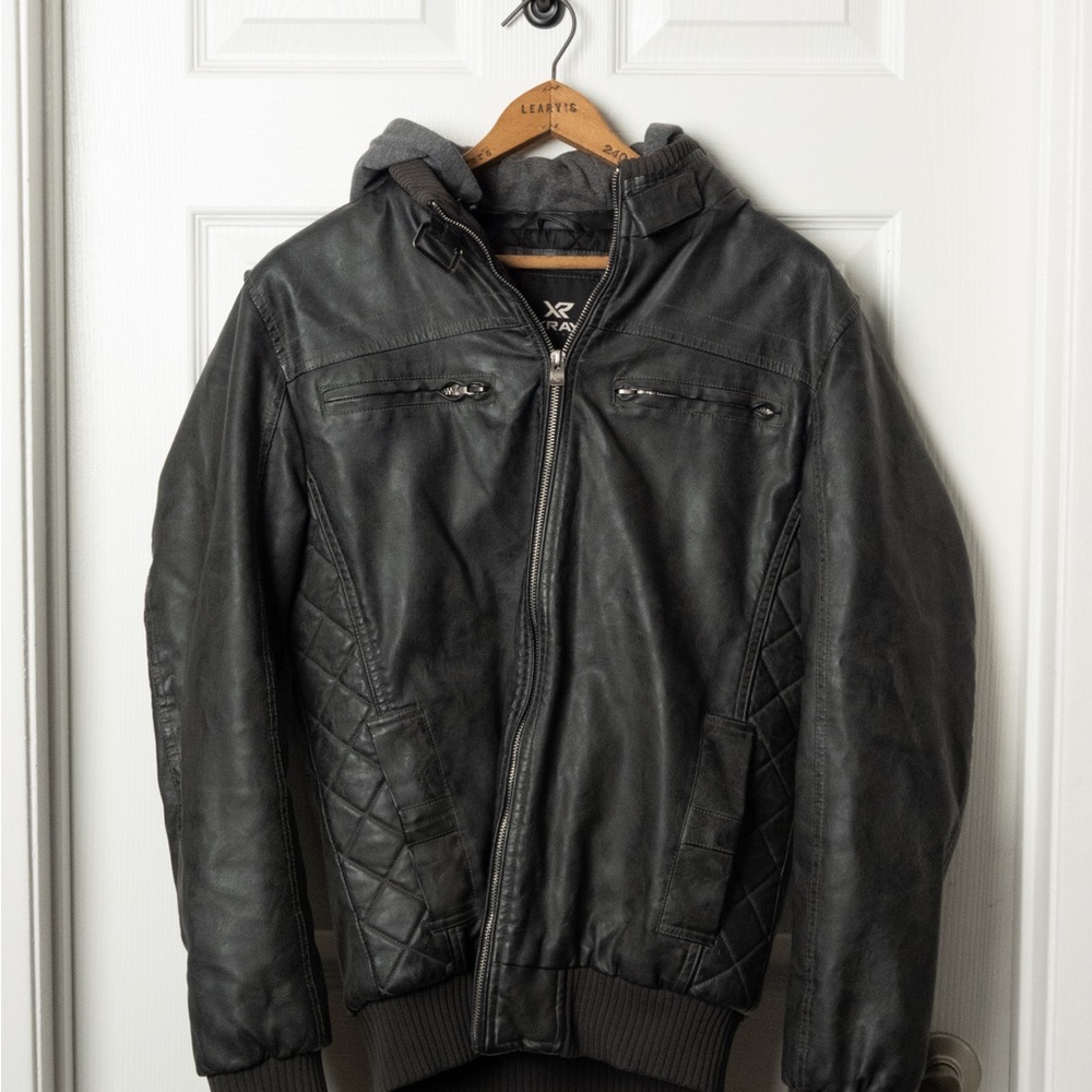 Men's Black Hooded Faux Leather Bomber Jacket XRAY Jeans